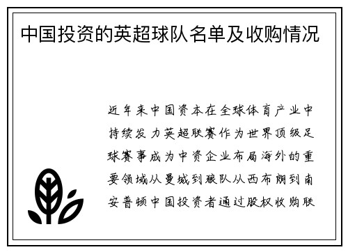 中国投资的英超球队名单及收购情况